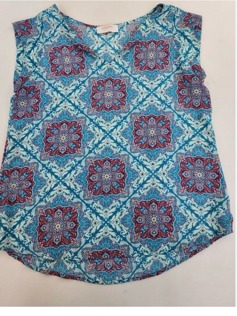 Women’s Sleeveless Blue Mosaic Print Top - Tunic Style by Renee C. Size M